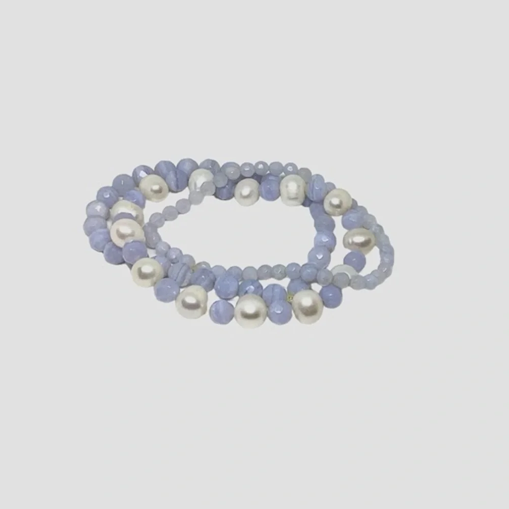 Set Lot Set 3 Real Pearls Calcedony Gemstone Bracelets Faceted Rare Unique